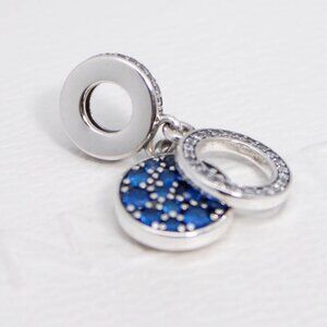 Pandora Sparkling Blue Disc Double Dangle Charm Bracelet Charm with box